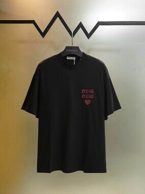 Miu Miu Black Short-Sleeve Tee with Red Logo Heart